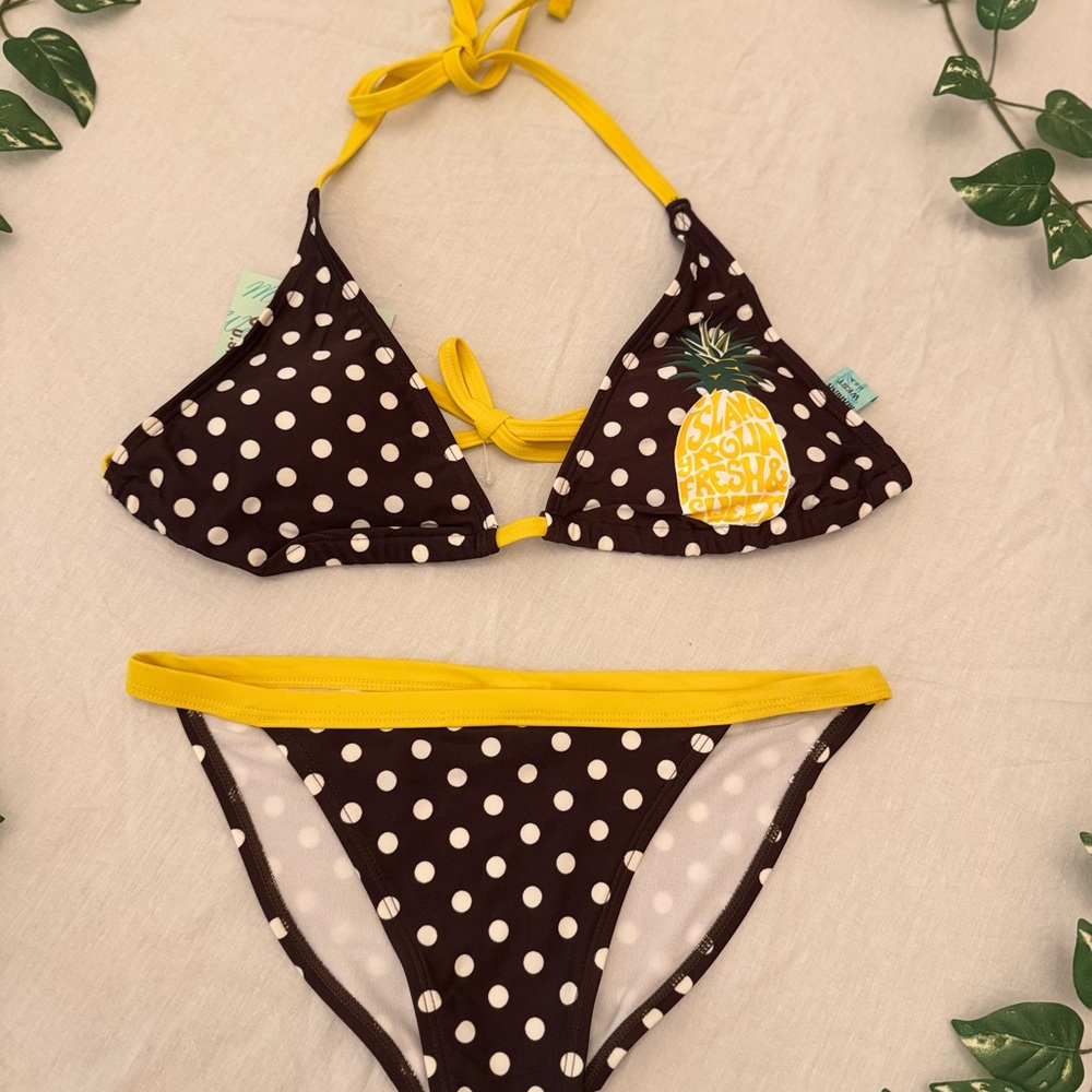 Brown and White Polka Dot Bikini with Playful Accents